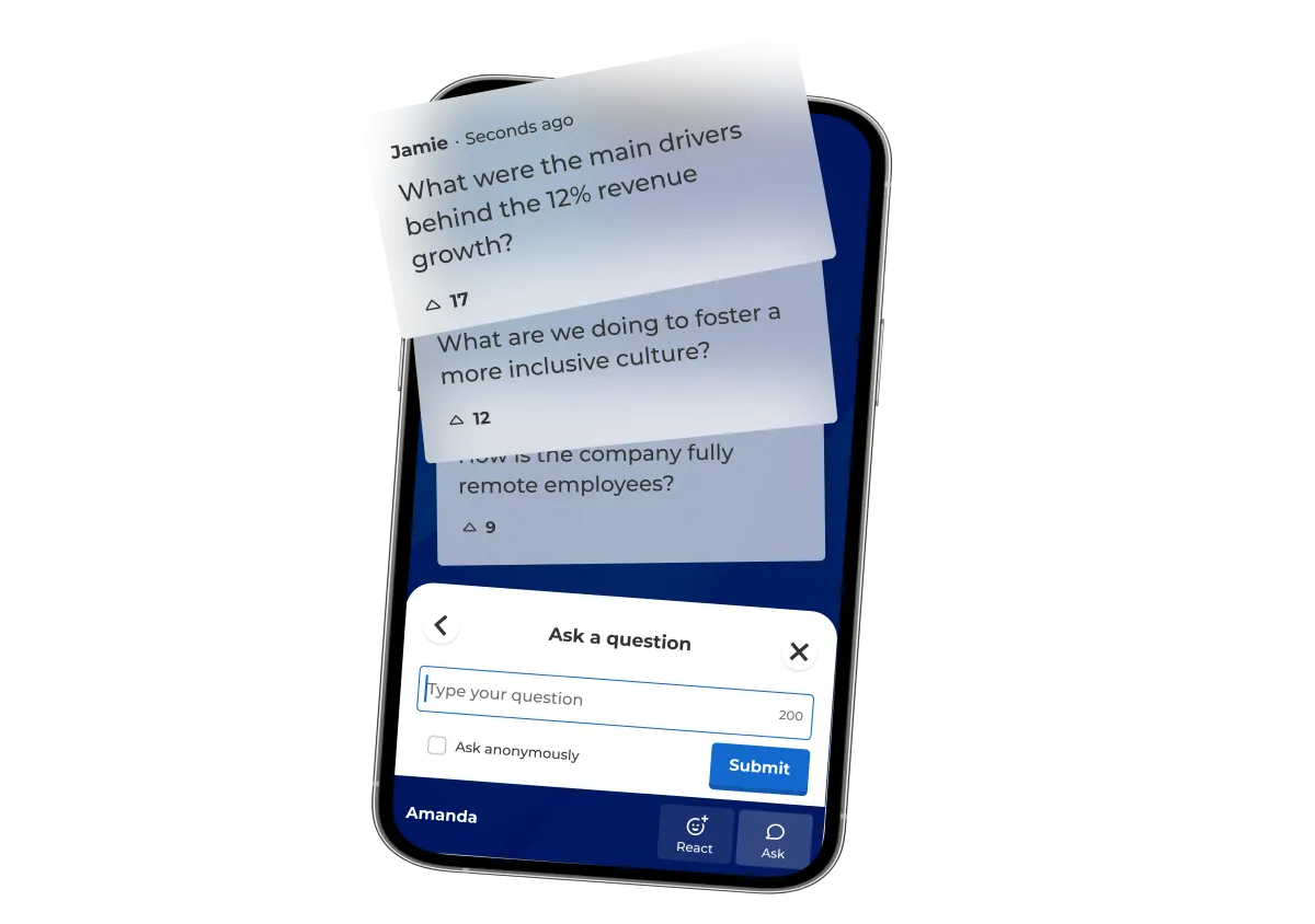 A mobile phone screen showing a "live Q&A" interface where users can ask questions. Multiple submitted question cards are stacked at the top, including one from Jamie asking about drivers for "12% revenue growth.