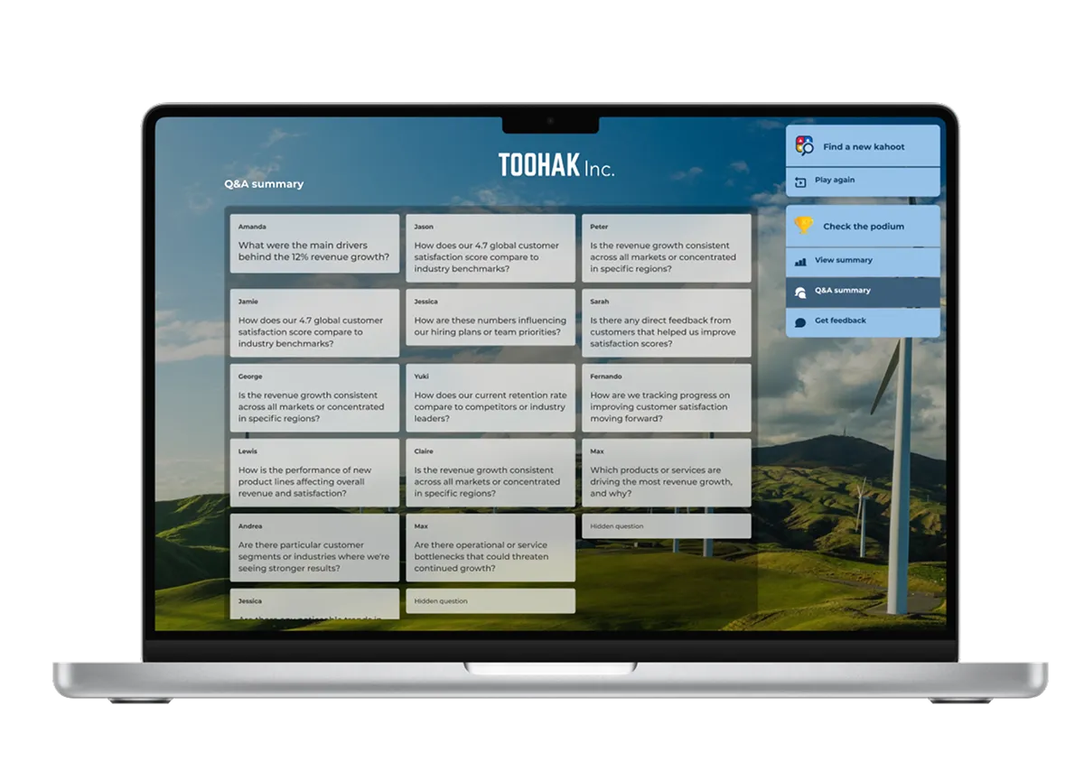 A laptop screen displaying a "Q&A summary" for TOOHAK Inc. featuring a grid of participant questions about revenue growth and customer satisfaction, set against a background of green hills and wind turbines.